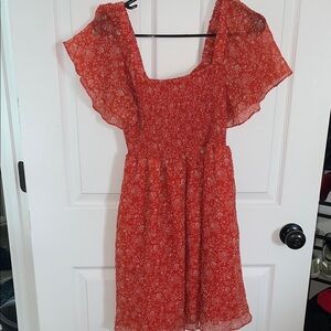Madewell Coral Red Floral Smocked Mini Dress